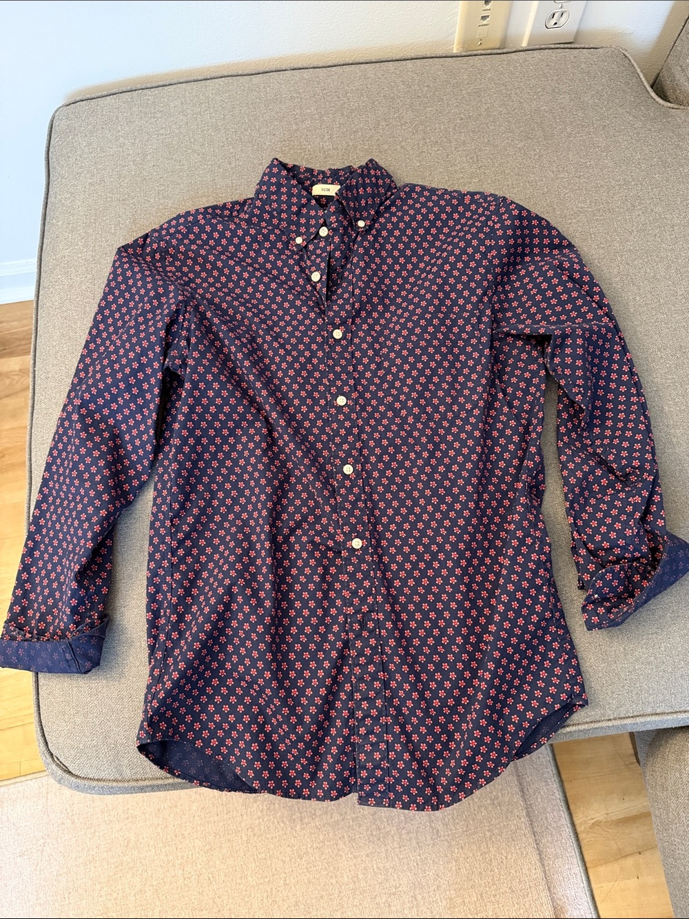 J. Crew Navy Button-Down Shirt with Pink Micro Floral Print